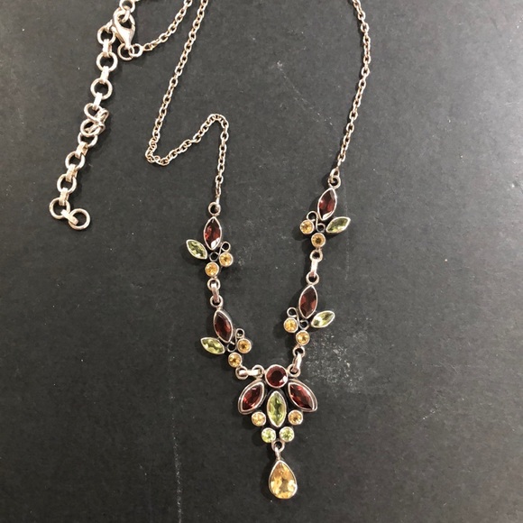 STERLING SILVER NECKLACE gemstone dangling Chandelier Pendant jeweled necklace - Picture 3 of 11